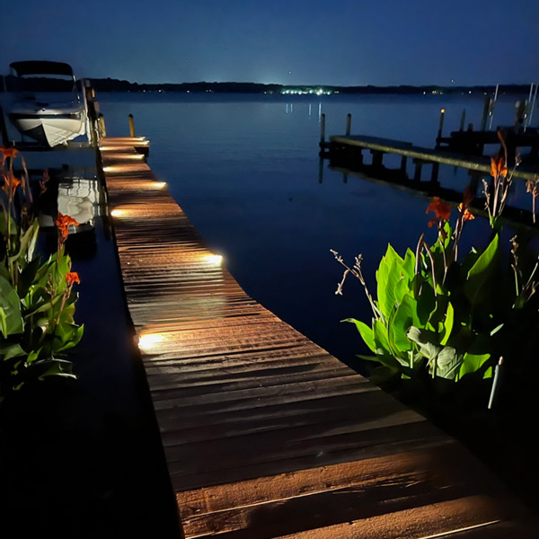 dock lighting with plants and lake